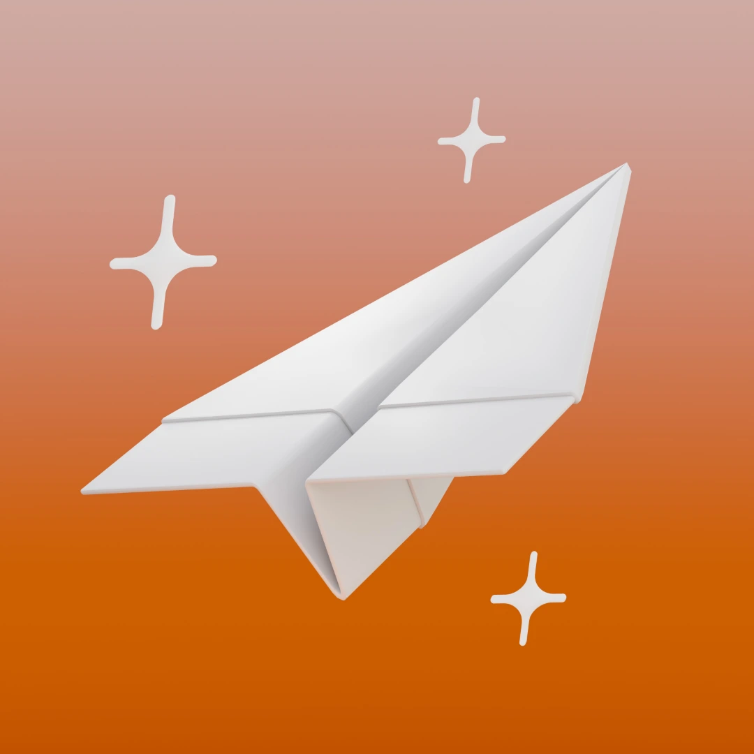 L'image présente un avion en papier blanc stylisé, rendu en 3D, sur un fond dégradé qui va de l'orange vif en bas, à un ton pêche plus clair en haut. Trois étoiles blanches à quatre branches sont dispersées autour de l'avion, ajoutant un aspect scintillant et ludique à la composition. Le style épuré et les couleurs vives donnent une impression de légèreté et d'optimisme. | The image presents a stylized white paper airplane, rendered in 3D, against a gradient background that transitions from bright orange at the bottom to a lighter peach tone at the top. Three white four-pointed stars are scattered around the plane, adding a sparkling and playful aspect to the composition. The clean style and vibrant colors give an impression of lightness and optimism. | © Noé Péan 2024 | Image d'illustration section contact noe-pean.com