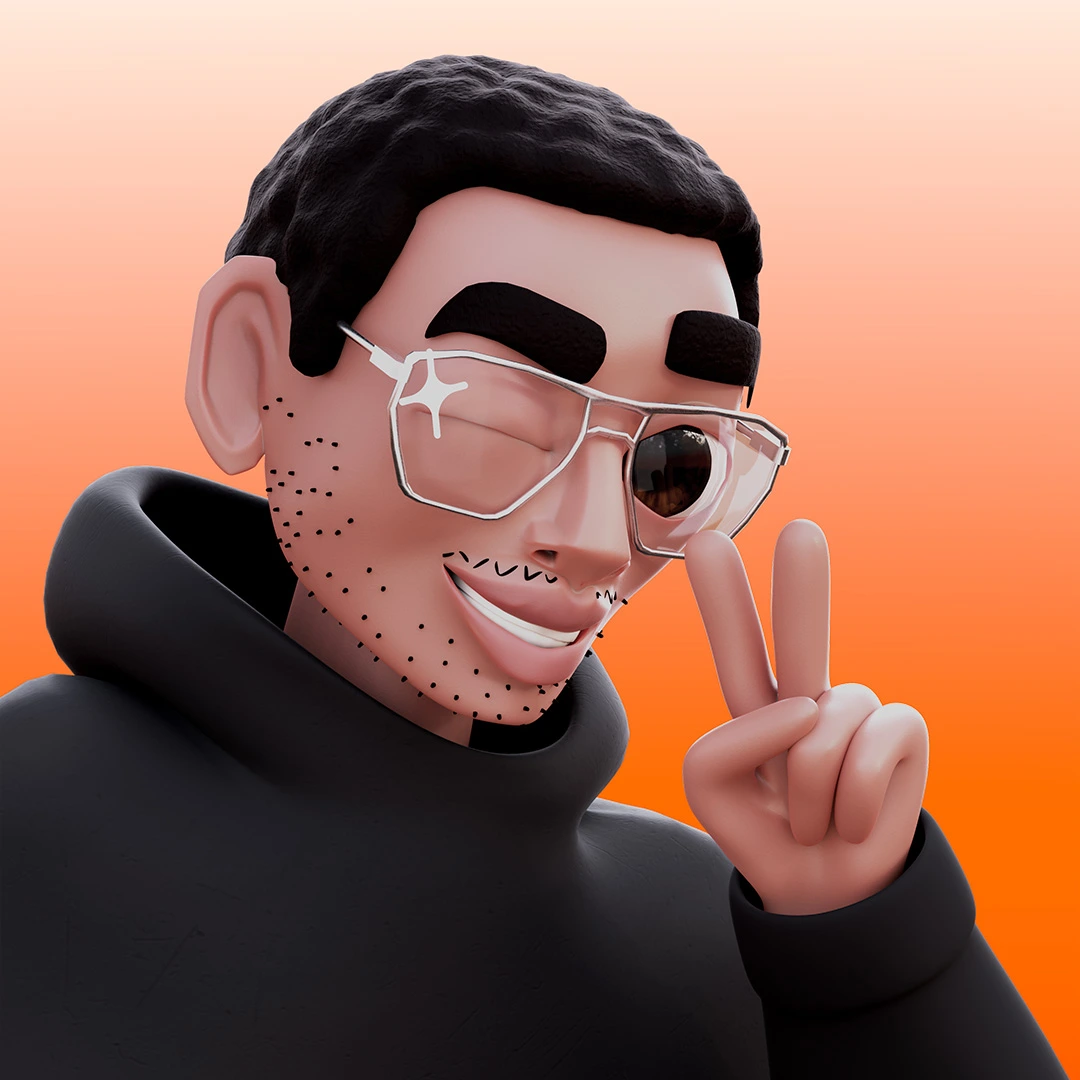 L'image présente un rendu 3D d'un personnage masculin avec un style artistique distinctif. Le personnage porte une capuche noire et des lunettes transparentes dont l'une des montures est ornée d'une étoile. L'homme cligne d'un œil et affiche un sourire. Il arbore une fine pilosité faciale faite de petits points et fait le signe de la paix avec ses doigts. Le fond est un dégradé de couleurs, allant d'un orange vif à un ton plus clair. | The image presents a 3D render of a male character with a distinctive artistic style. The character is wearing a black hood and transparent glasses, one of whose frames is adorned with a star. The man is winking and displaying a smile. He sports fine facial hair made of small dots and is making the peace sign with his fingers. The background is a color gradient, ranging from bright orange to a lighter tone. | © Noé Péan 2024 | Illustration page d'acceuil noe-pean.com